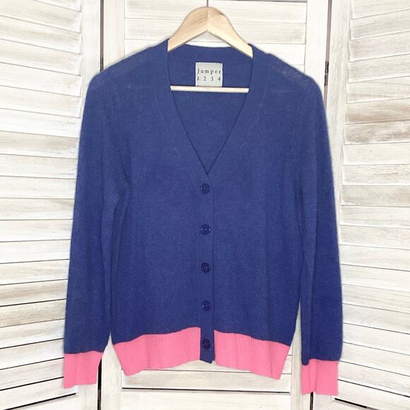 Jumper 1234 Denim Blue Pink V Neck 100% Cashmere Cardigan 3 L - Picture 1 of 10